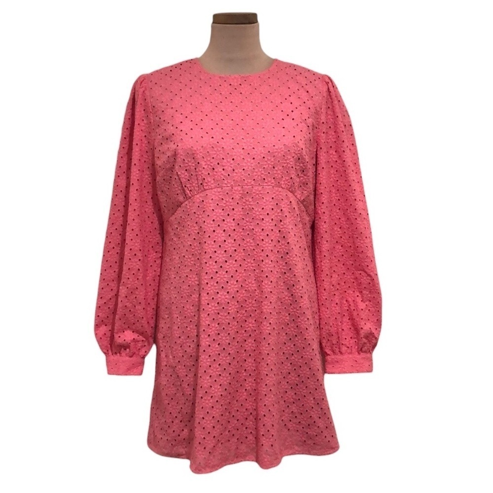 MICHAEL Michael Kors Dress Size 12 Pink Eyelet Cotton Puff Sleeve Mini